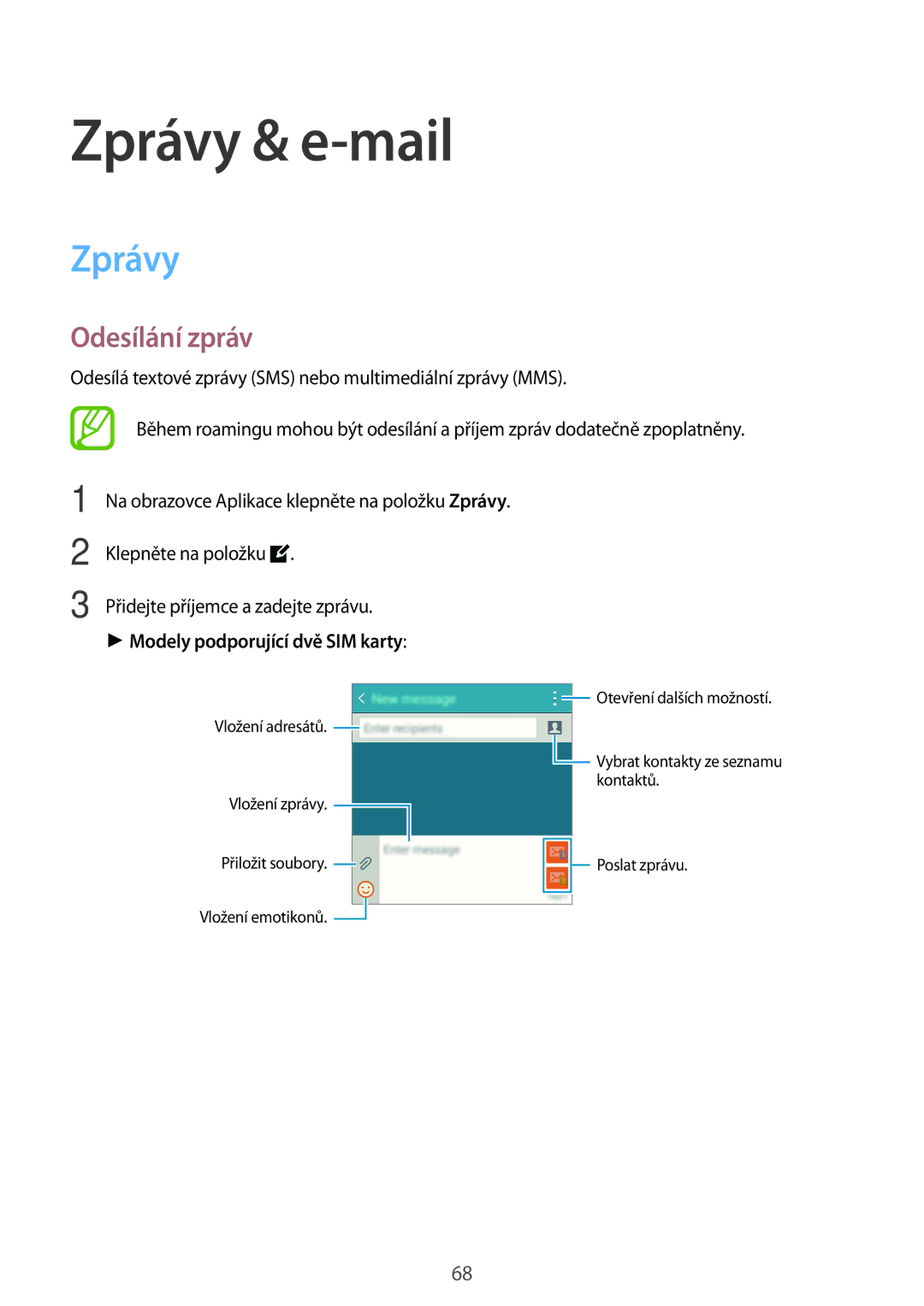 Samsung SM-A700FZDAATO, SM-A700FZKACYO, SM-A700FZWACYO Zprávy & e-mail, Odesílání zpráv, Modely podporující dvě SIM karty 