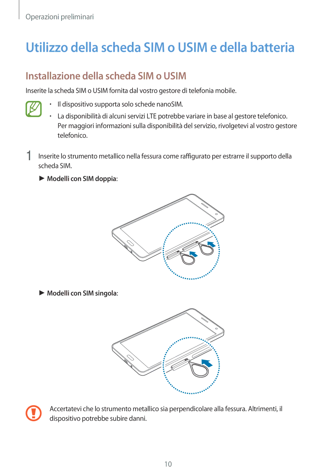 Samsung SM-A500FZSUXEO manual Installazione della scheda SIM o Usim, Modelli con SIM doppia Modelli con SIM singola 