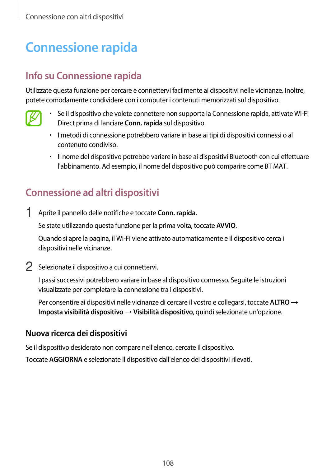 Samsung SM-A700FZDASEE, SM-A700FZKADBT, SM-A500FZWUPRT manual Info su Connessione rapida, Nuova ricerca dei dispositivi 