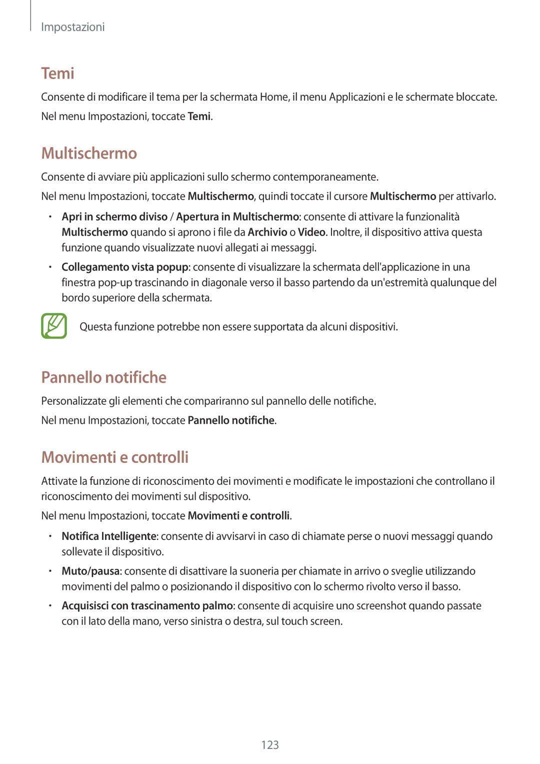 Samsung SM-A500FZWUSWC, SM-A700FZKADBT, SM-A500FZWUPRT manual Temi, Multischermo, Pannello notifiche, Movimenti e controlli 