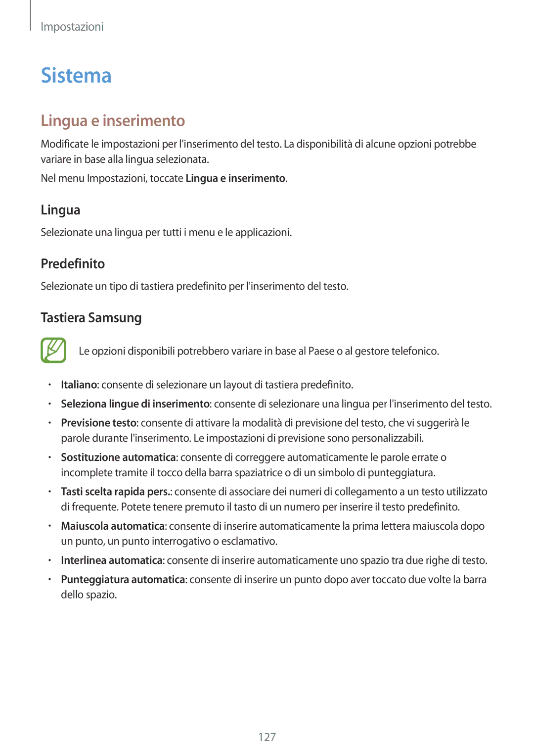 Samsung SM-A500FZSUITV, SM-A700FZKADBT, SM-A500FZWUPRT manual Sistema, Lingua e inserimento, Predefinito, Tastiera Samsung 
