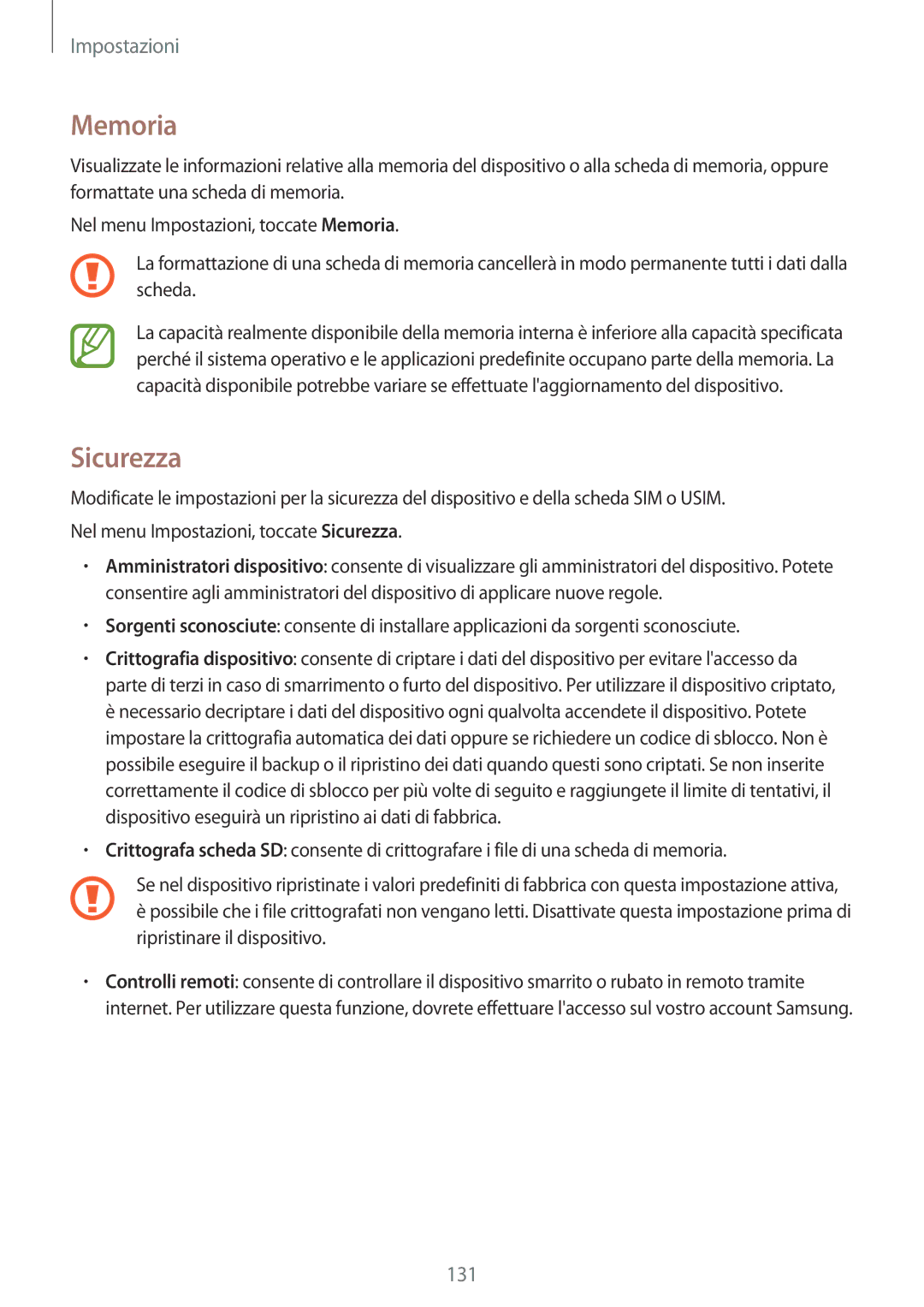 Samsung SM-A500FZDUITV, SM-A700FZKADBT, SM-A500FZWUPRT, SM-A500FZKUDPL, SM-A500FZKUDBT, SM-A500FZKUPLS manual Memoria, Sicurezza 