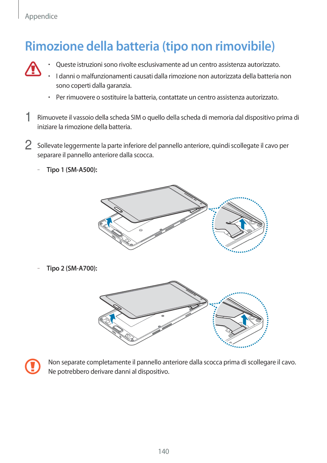 Samsung SM-A500FZKUIDE, SM-A700FZKADBT manual Rimozione della batteria tipo non rimovibile, Tipo 1 SM-A500 Tipo 2 SM-A700 