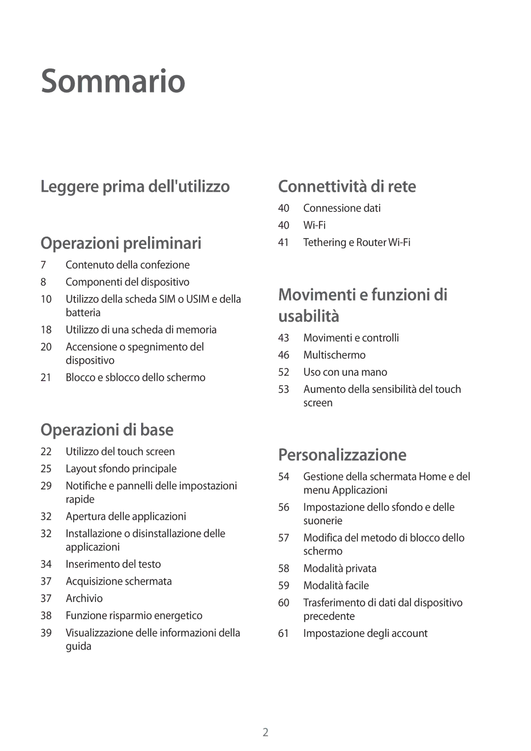 Samsung SM-A500FZKUDPL, SM-A700FZKADBT, SM-A500FZWUPRT manual Sommario, Leggere prima dellutilizzo Operazioni preliminari 