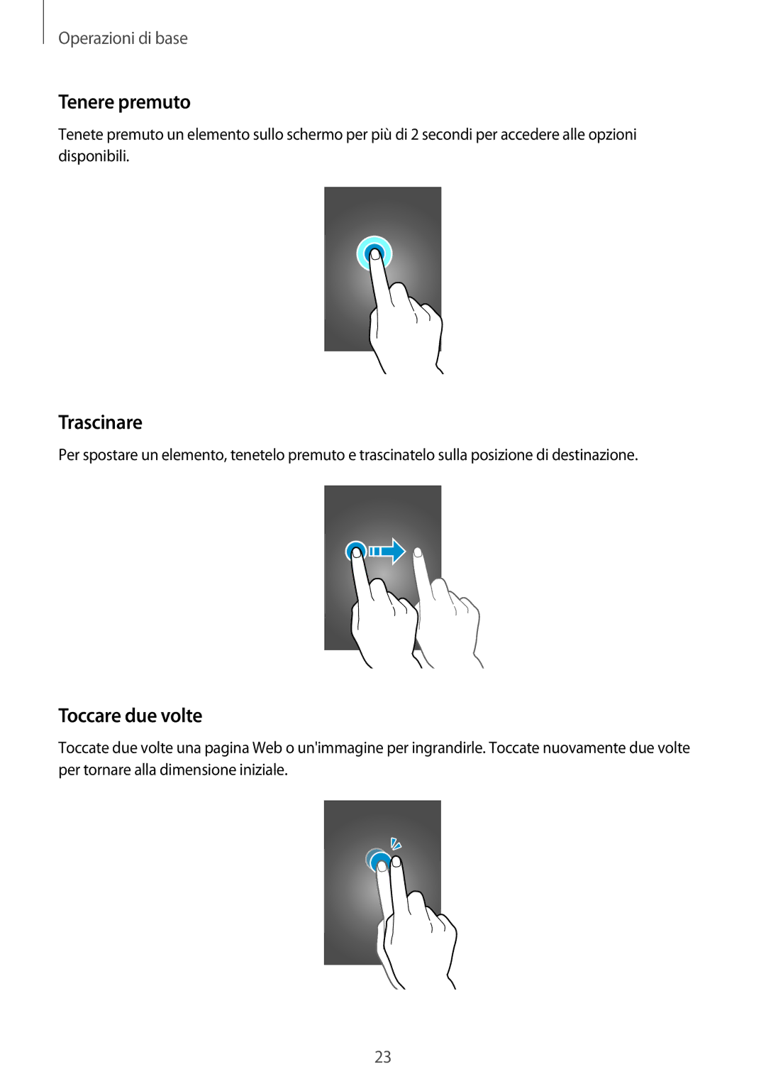 Samsung SM-A500FZWUITV, SM-A700FZKADBT, SM-A500FZWUPRT, SM-A500FZKUDPL manual Tenere premuto, Trascinare, Toccare due volte 