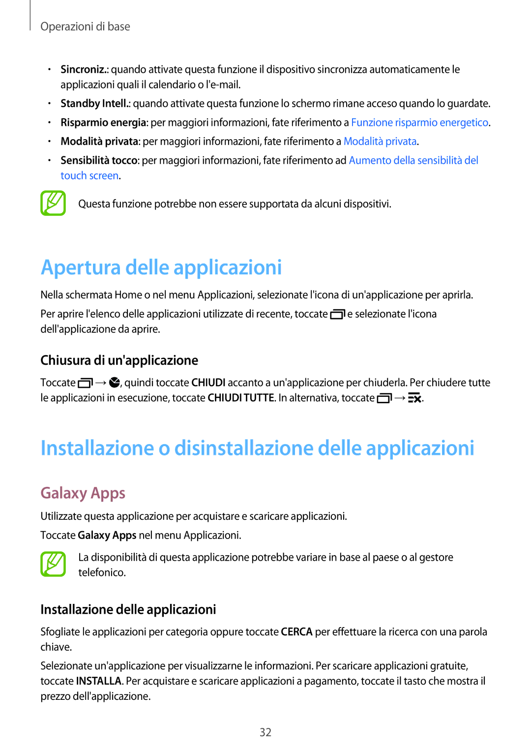 Samsung SM-A500FZSUTIM, SM-A700FZKADBT, SM-A500FZWUPRT Apertura delle applicazioni, Galaxy Apps, Chiusura di unapplicazione 