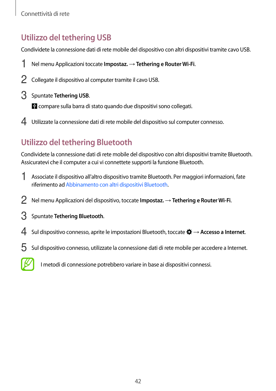 Samsung SM-A500FZDUTIM manual Utilizzo del tethering USB, Utilizzo del tethering Bluetooth, Spuntate Tethering USB 