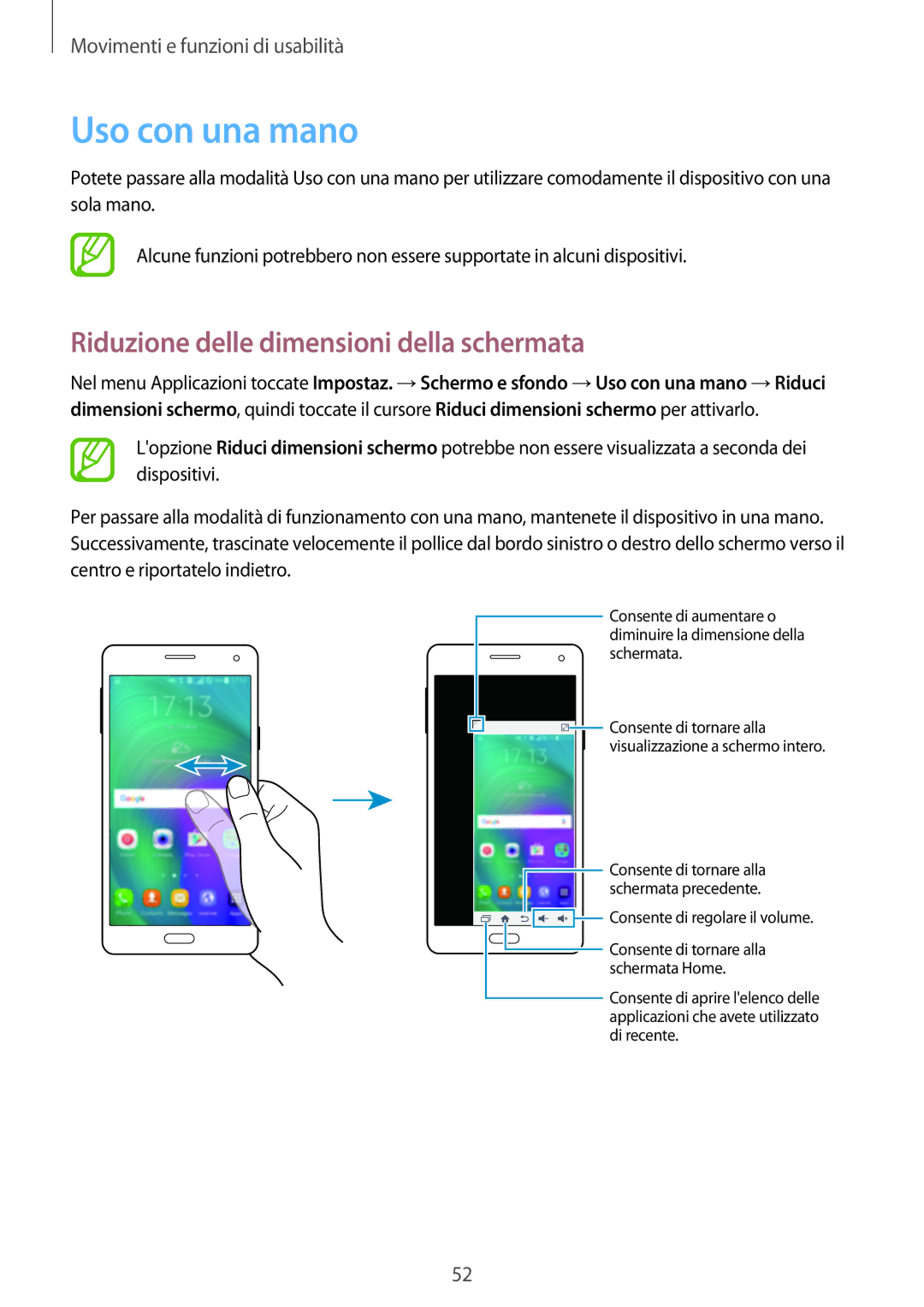 Samsung SM-A500FZKUIDE, SM-A700FZKADBT, SM-A500FZWUPRT manual Uso con una mano, Riduzione delle dimensioni della schermata 