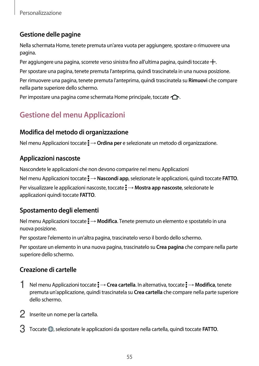 Samsung SM-A500FZWUDPL, SM-A700FZKADBT, SM-A500FZWUPRT, SM-A500FZKUDPL, SM-A500FZKUDBT manual Gestione del menu Applicazioni 