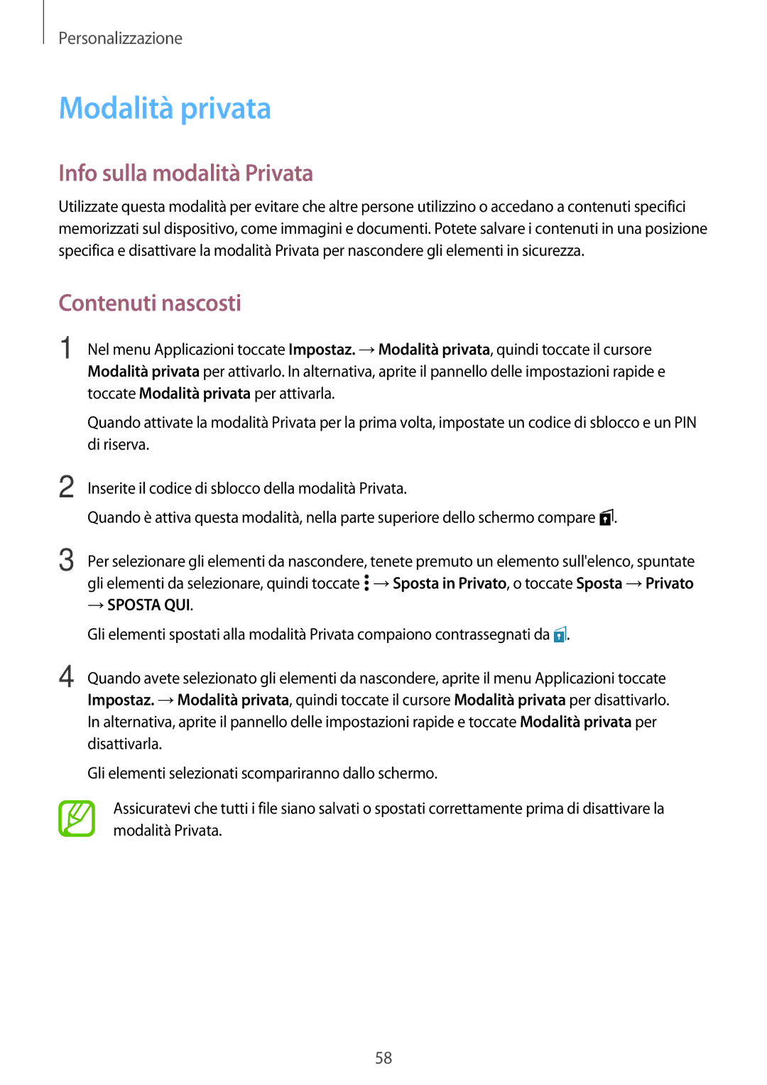 Samsung SM-A500FZWUXEO, SM-A700FZKADBT, SM-A500FZWUPRT Modalità privata, Info sulla modalità Privata, Contenuti nascosti 