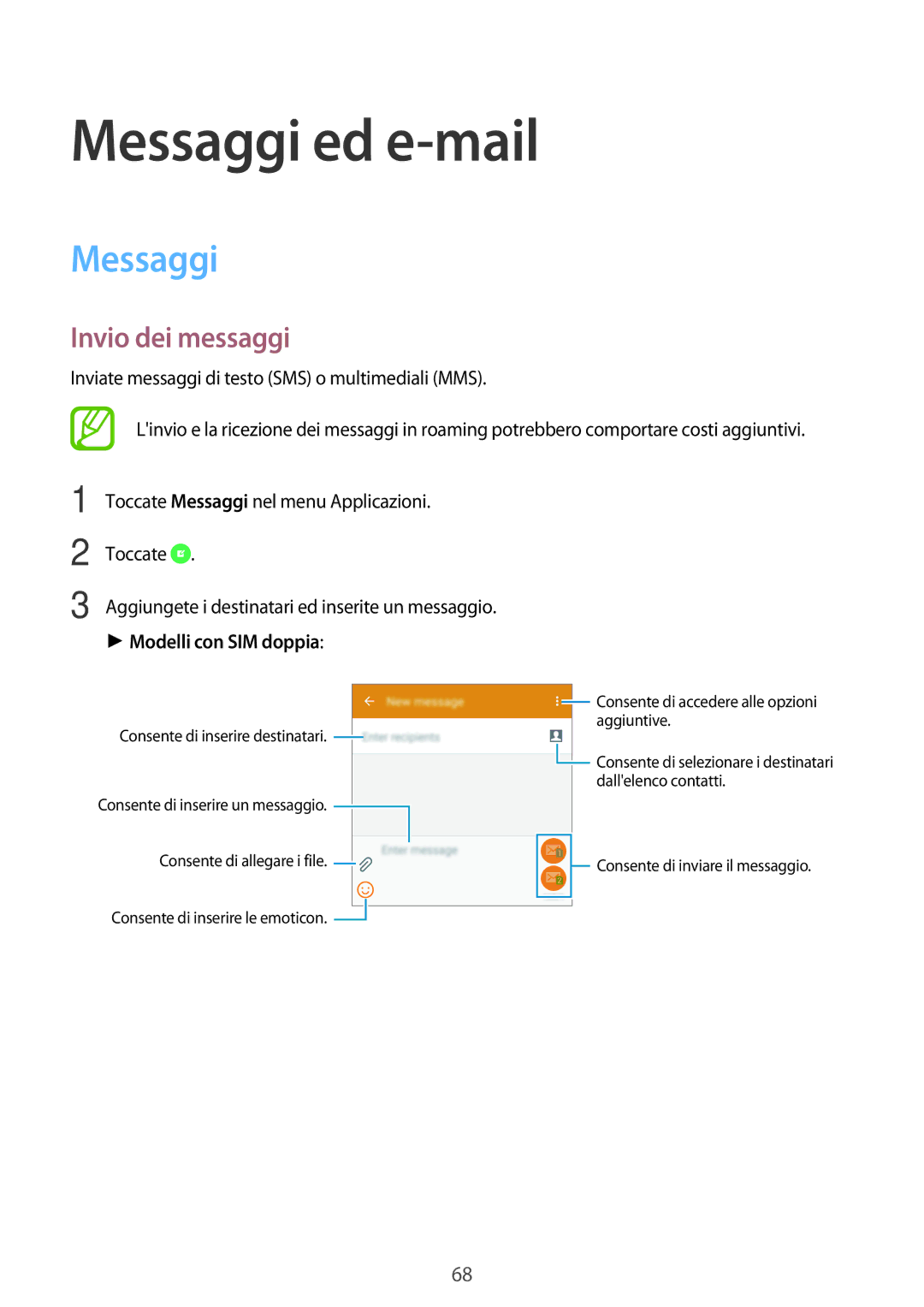 Samsung SM-A500FZSUSWC, SM-A700FZKADBT, SM-A500FZWUPRT manual Messaggi ed e-mail, Invio dei messaggi, Modelli con SIM doppia 