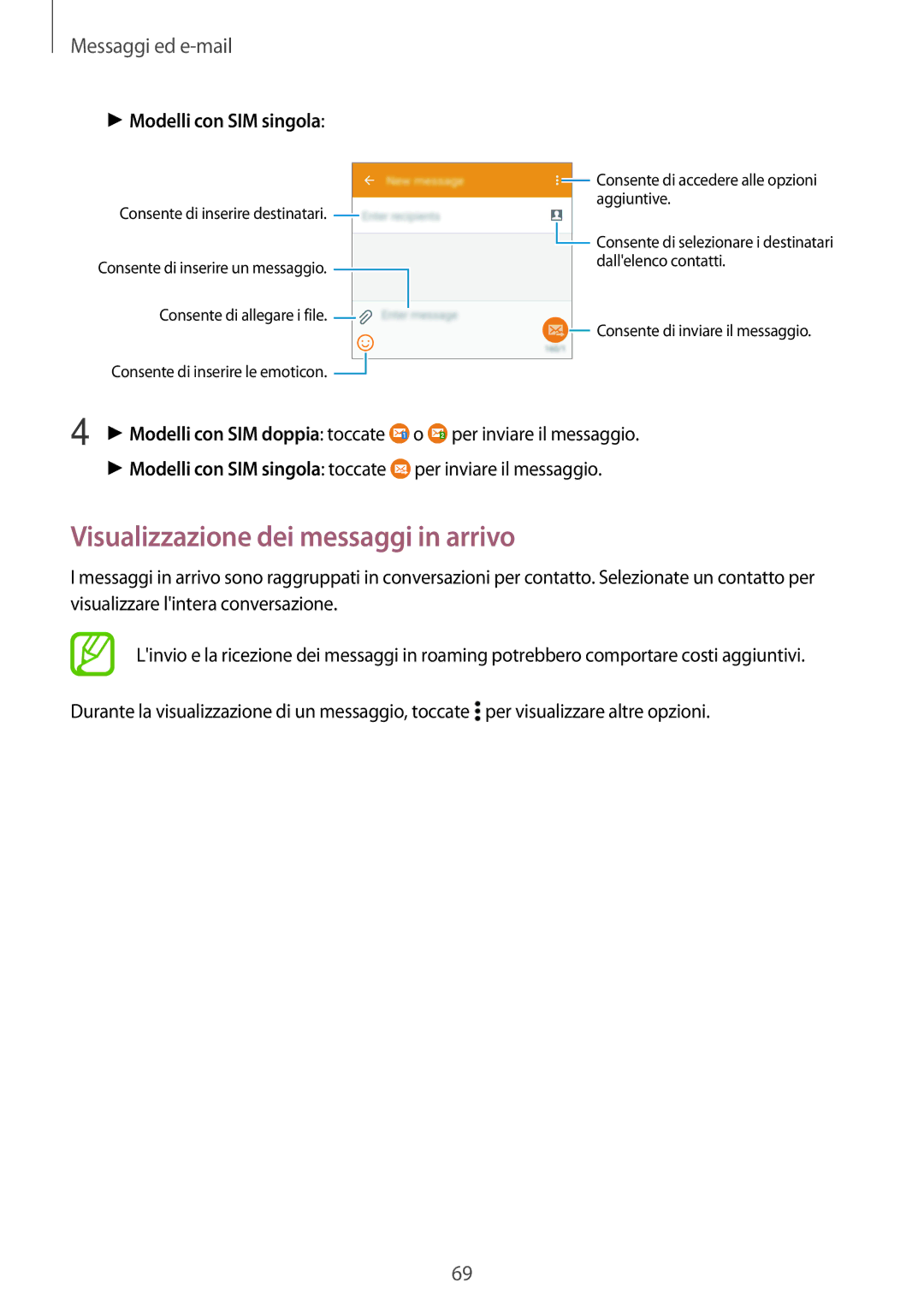 Samsung SM-A500FZSUIDE, SM-A700FZKADBT, SM-A500FZWUPRT manual Visualizzazione dei messaggi in arrivo, Messaggi ed e-mail 