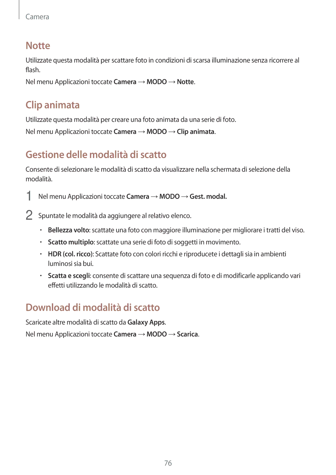 Samsung SM-A500FZSUTIM manual Notte, Clip animata, Gestione delle modalità di scatto, Download di modalità di scatto 