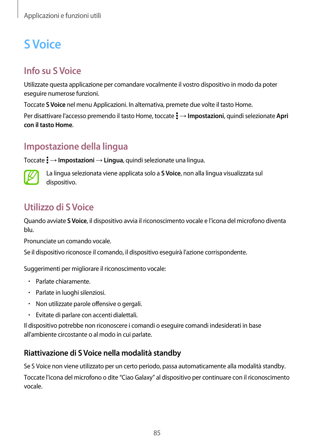 Samsung SM-A500FZKUWIN, SM-A700FZKADBT, SM-A500FZWUPRT Info su S Voice, Impostazione della lingua, Utilizzo di S Voice 