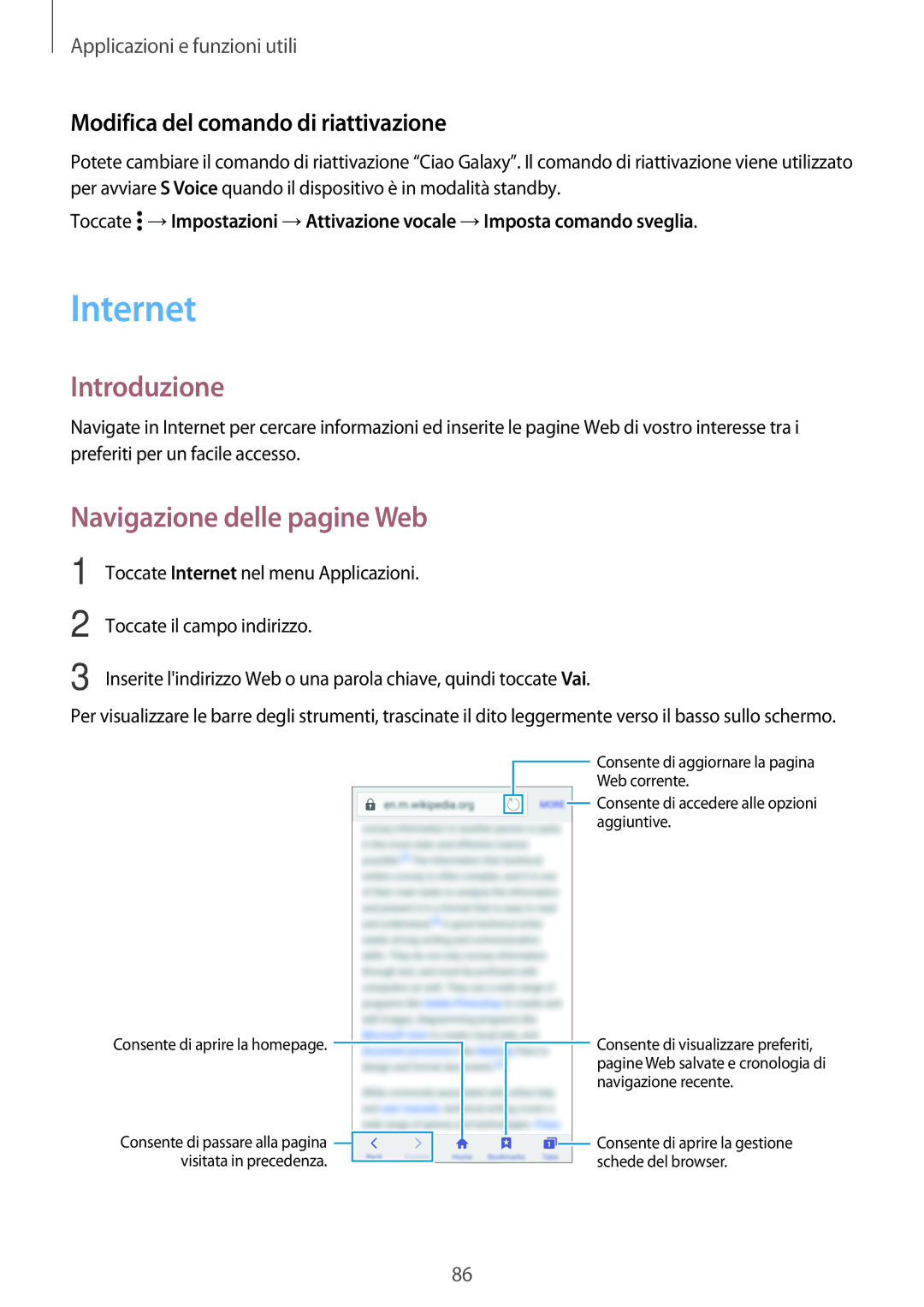 Samsung SM-A500FZDUTIM manual Internet, Introduzione, Navigazione delle pagine Web, Modifica del comando di riattivazione 