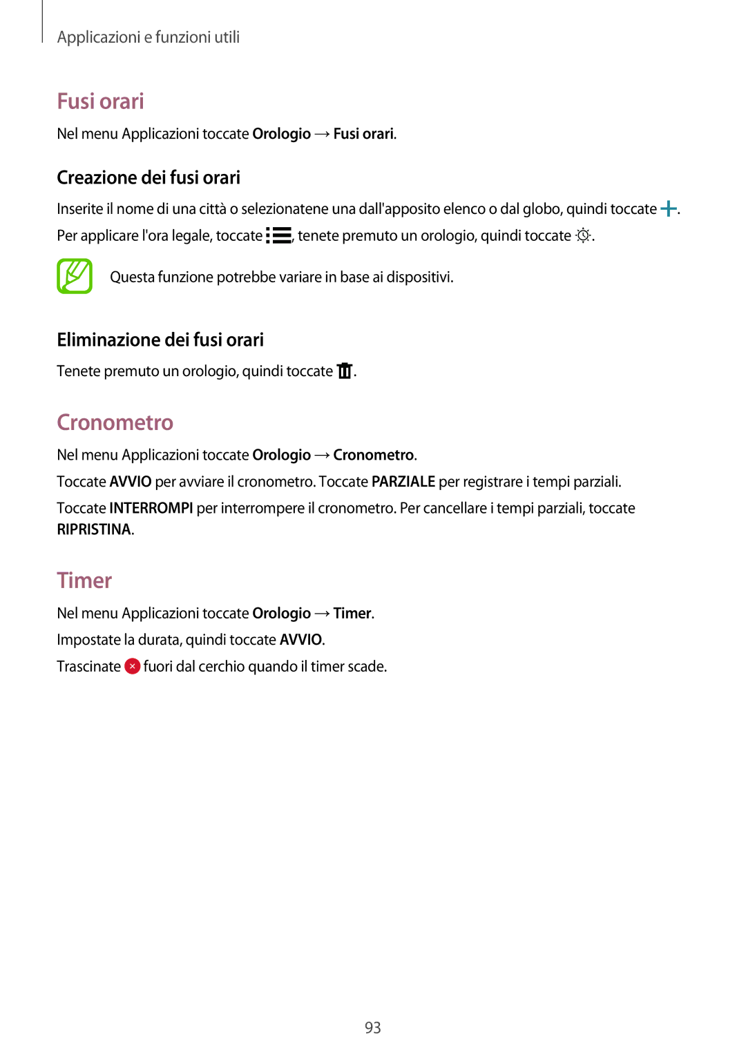 Samsung SM-A500FZSUDBT manual Fusi orari, Cronometro, Timer, Creazione dei fusi orari, Eliminazione dei fusi orari 