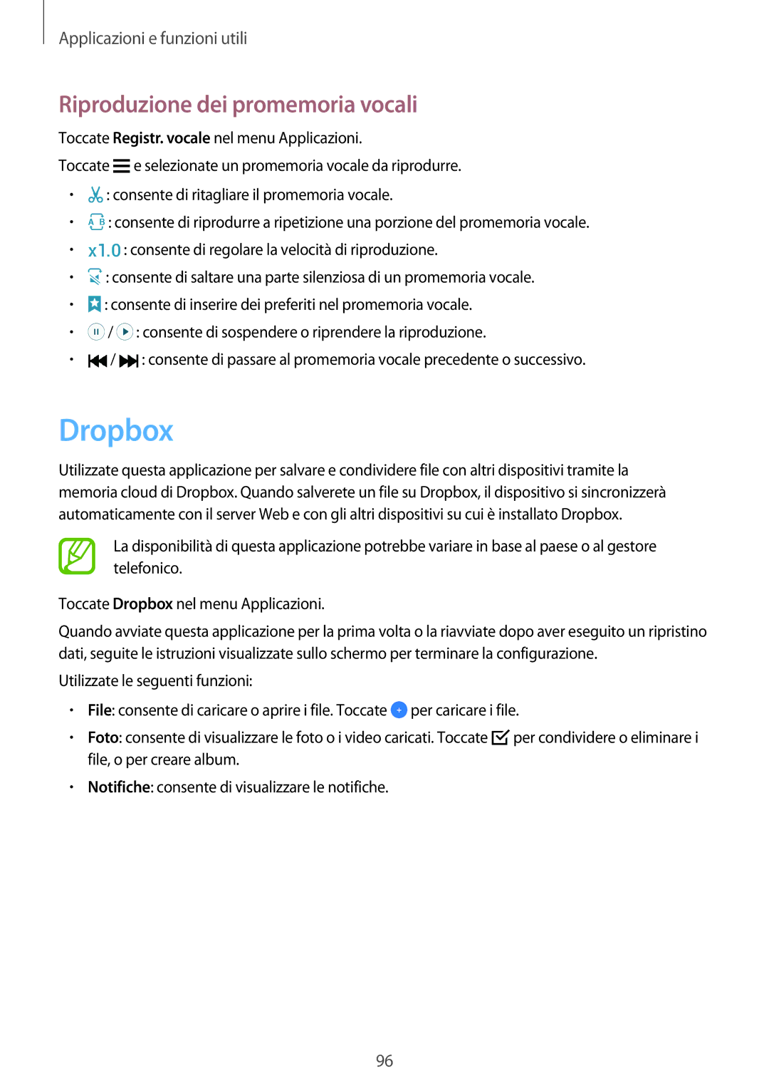 Samsung SM-A500FZKUIDE, SM-A700FZKADBT, SM-A500FZWUPRT, SM-A500FZKUDPL manual Dropbox, Riproduzione dei promemoria vocali 