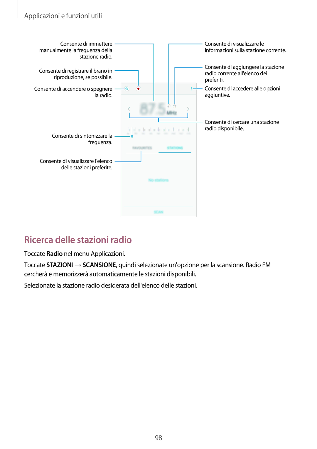 Samsung SM-A500FZSUXEO, SM-A700FZKADBT manual Ricerca delle stazioni radio, Consente di accendere o spegnere la radio 