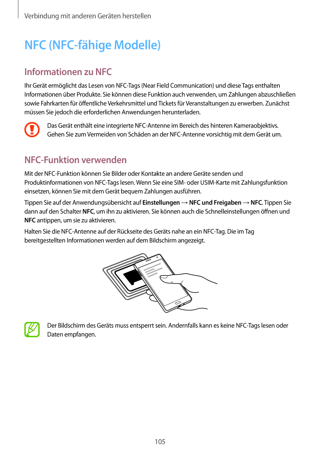 Samsung SM-A500FZWUSEB, SM-A700FZKADBT, SM-A700FZKACYO NFC NFC-fähige Modelle, Informationen zu NFC, NFC-Funktion verwenden 