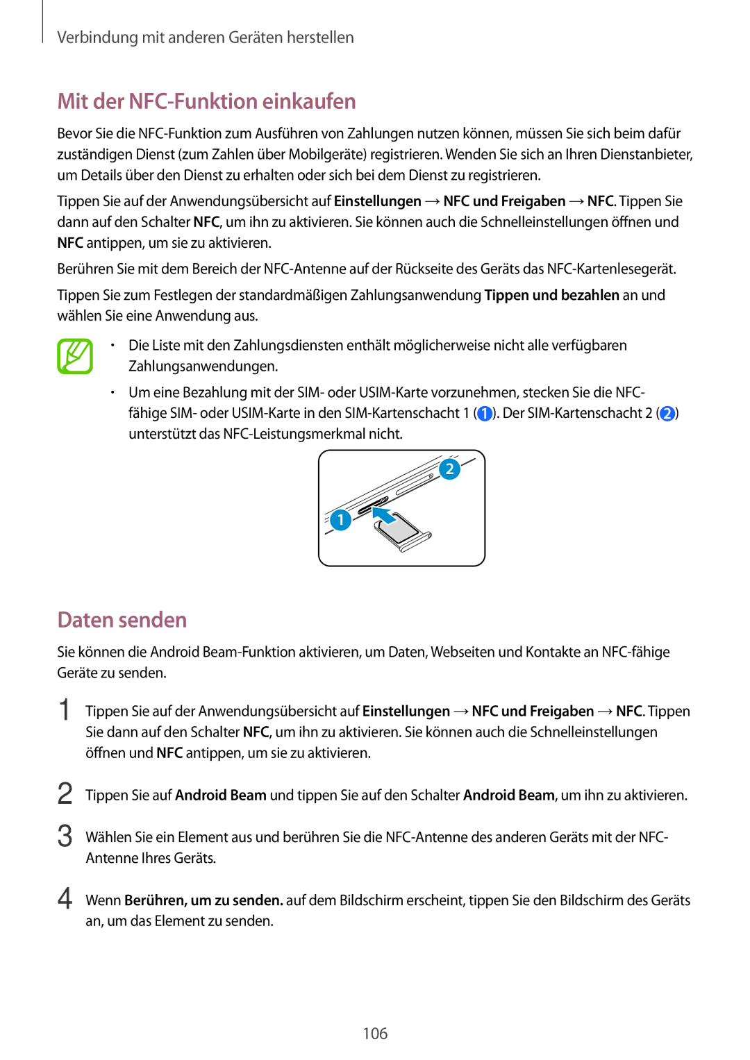 Samsung SM-A500FZWUCOS, SM-A700FZKADBT, SM-A700FZKACYO, SM-A500FZWUPRT manual Mit der NFC-Funktion einkaufen, Daten senden 