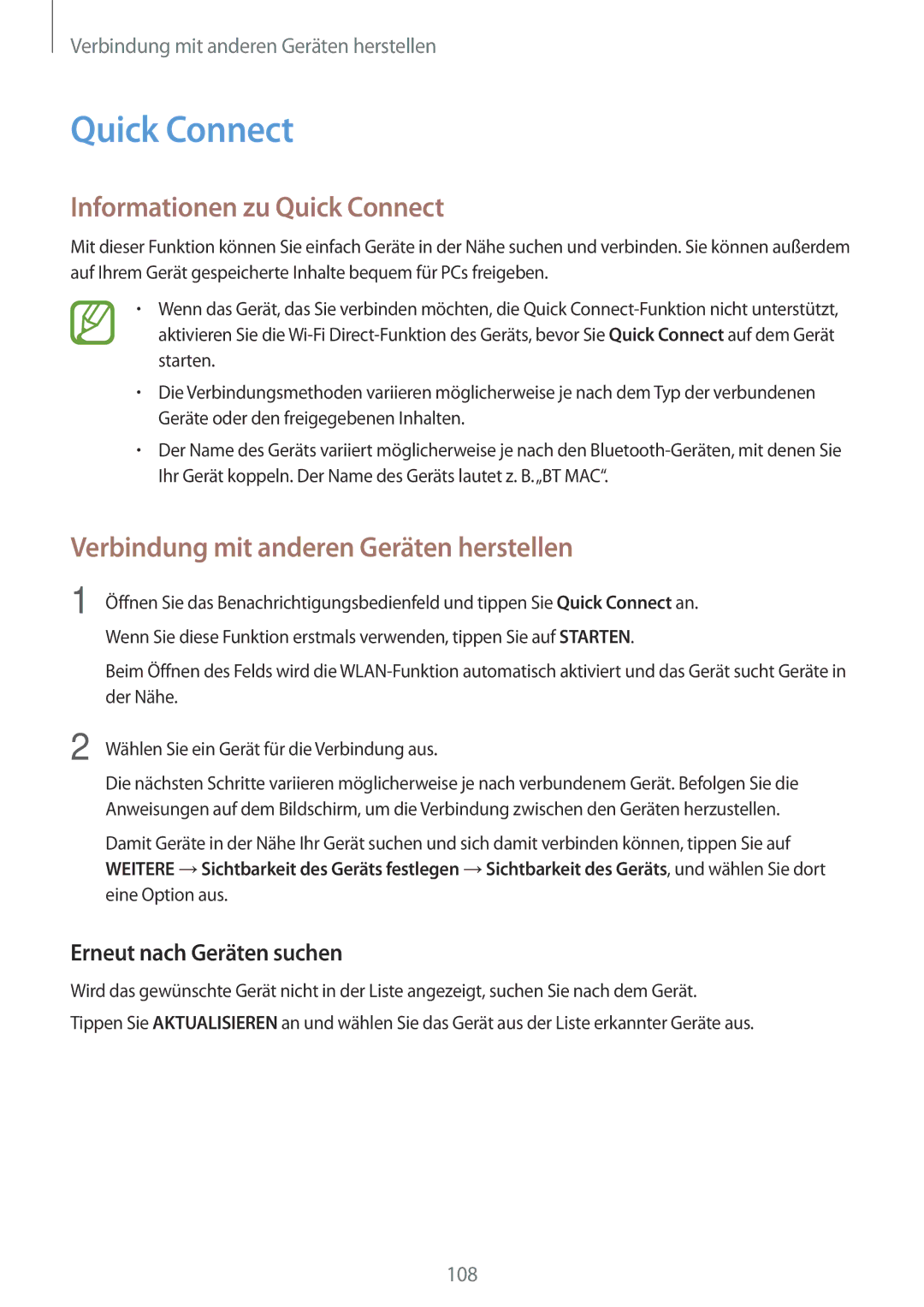 Samsung SM-A500FZKUIDE, SM-A700FZKADBT, SM-A700FZKACYO manual Informationen zu Quick Connect, Erneut nach Geräten suchen 