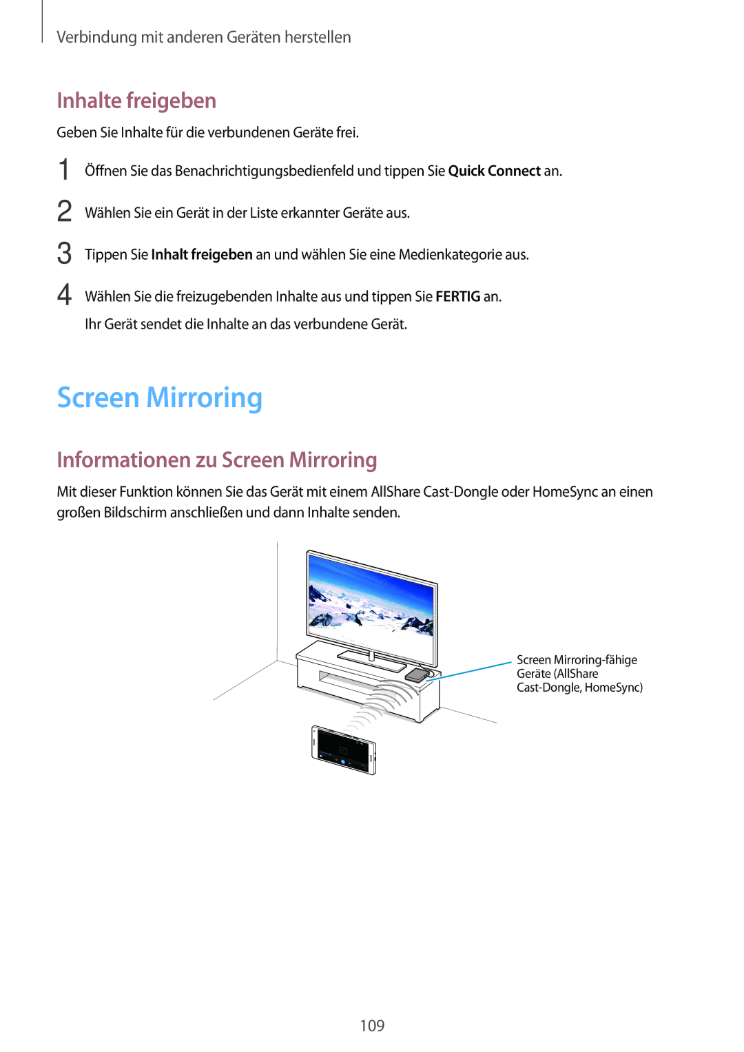 Samsung SM-A500FZDUVD2, SM-A700FZKADBT, SM-A700FZKACYO manual Inhalte freigeben, Informationen zu Screen Mirroring 