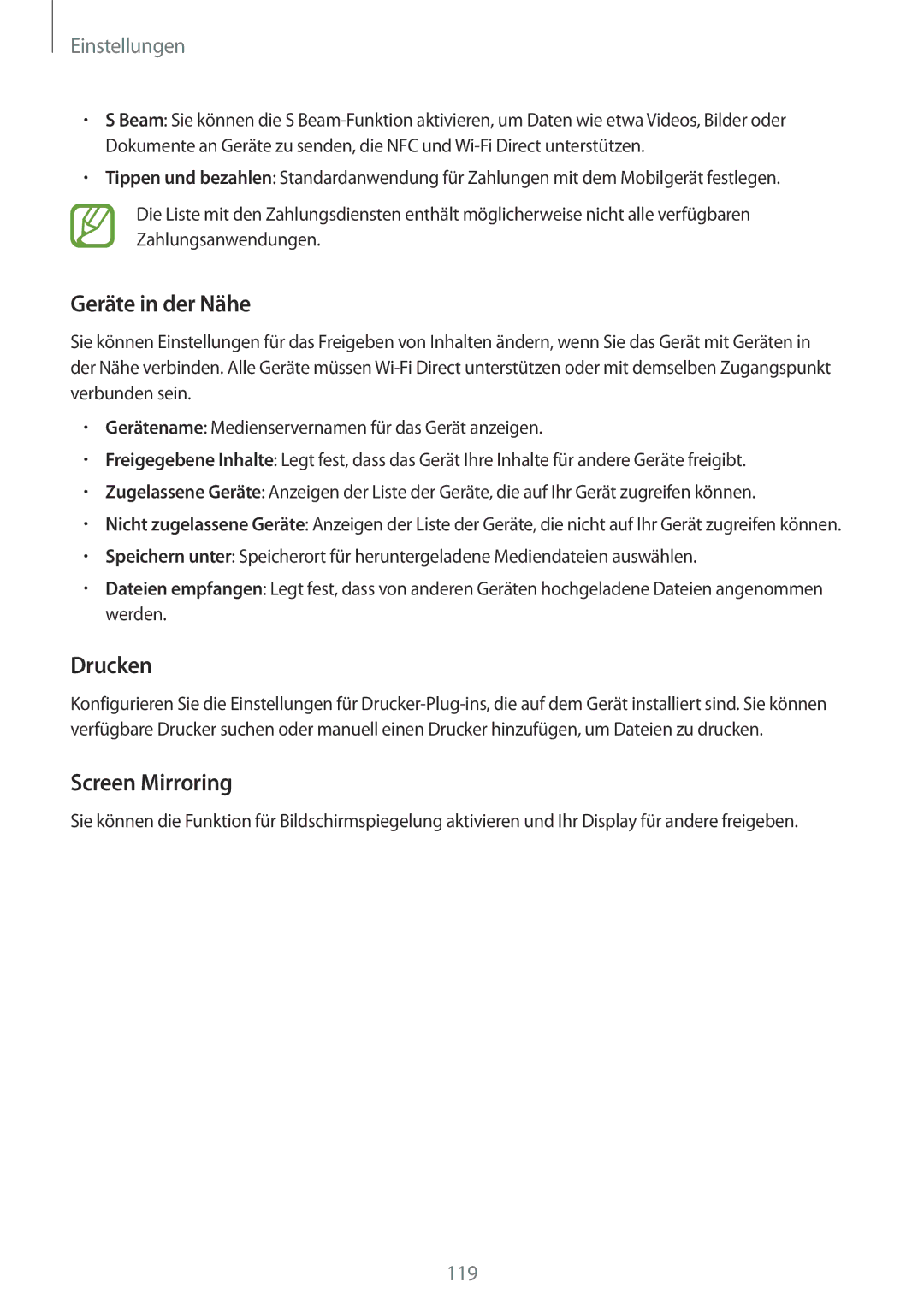 Samsung SM-A500FZSUXEO, SM-A700FZKADBT, SM-A700FZKACYO, SM-A500FZWUPRT manual Geräte in der Nähe, Drucken, Screen Mirroring 