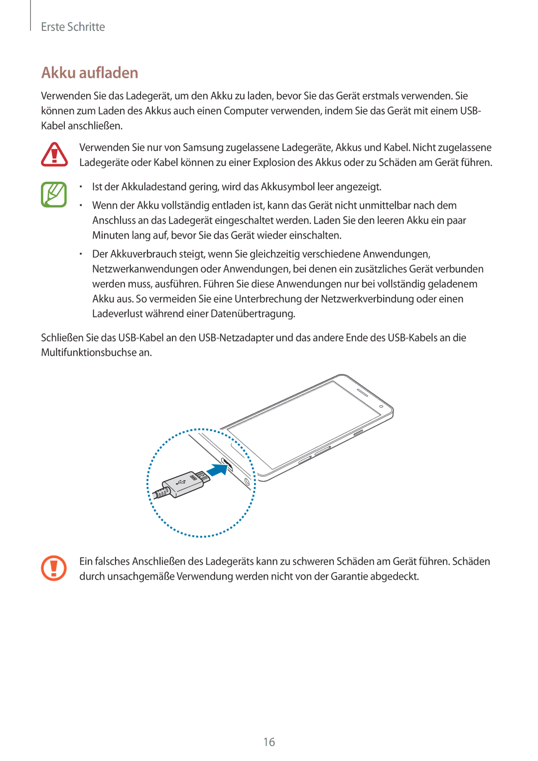 Samsung SM-A500FZWUTPH, SM-A700FZKADBT, SM-A700FZKACYO, SM-A500FZWUPRT, SM-A500FZWUDDE, SM-A500FZWUATO manual Akku aufladen 