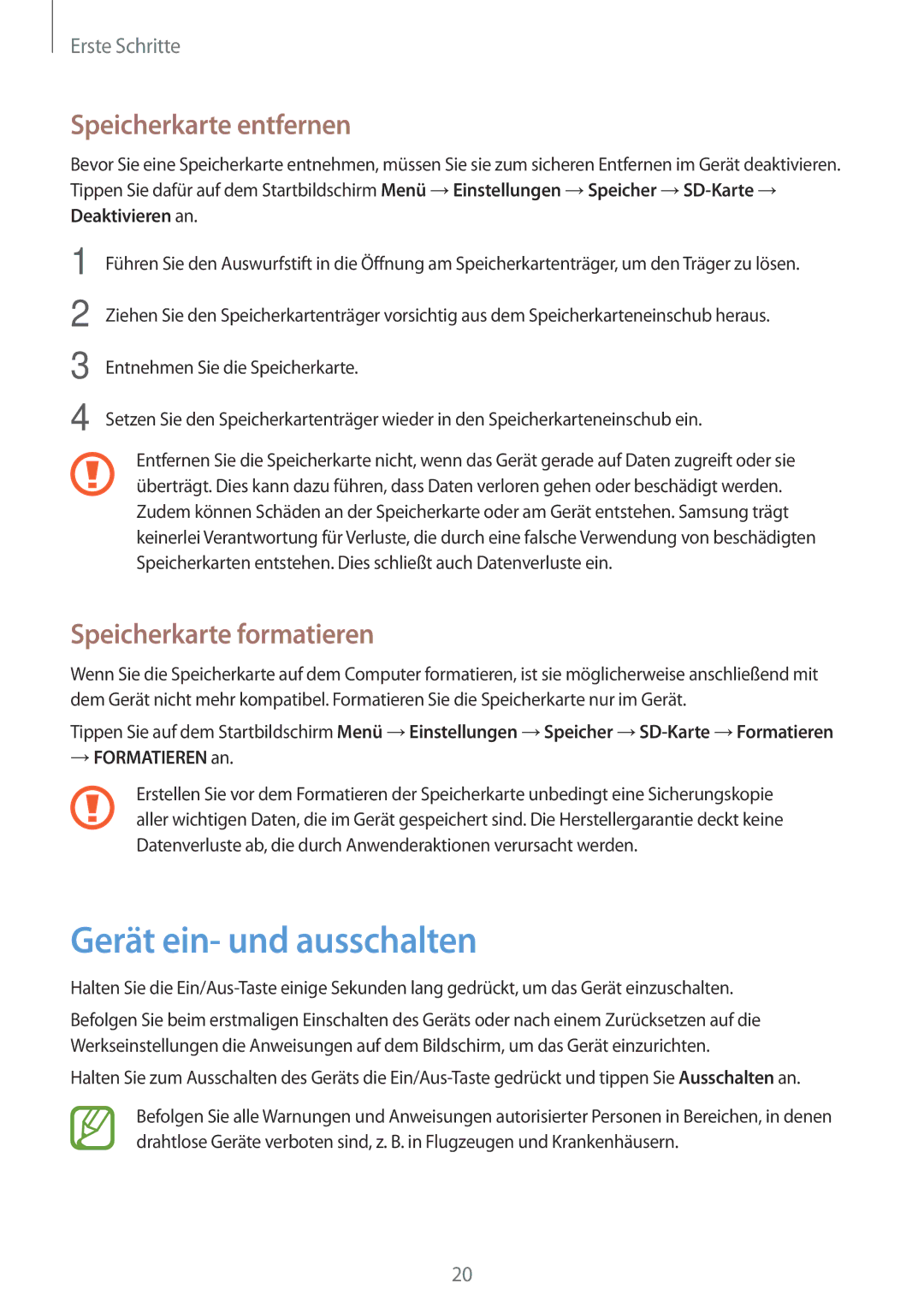 Samsung SM-A500FZKUVIA, SM-A700FZKADBT manual Gerät ein- und ausschalten, Speicherkarte entfernen, Speicherkarte formatieren 