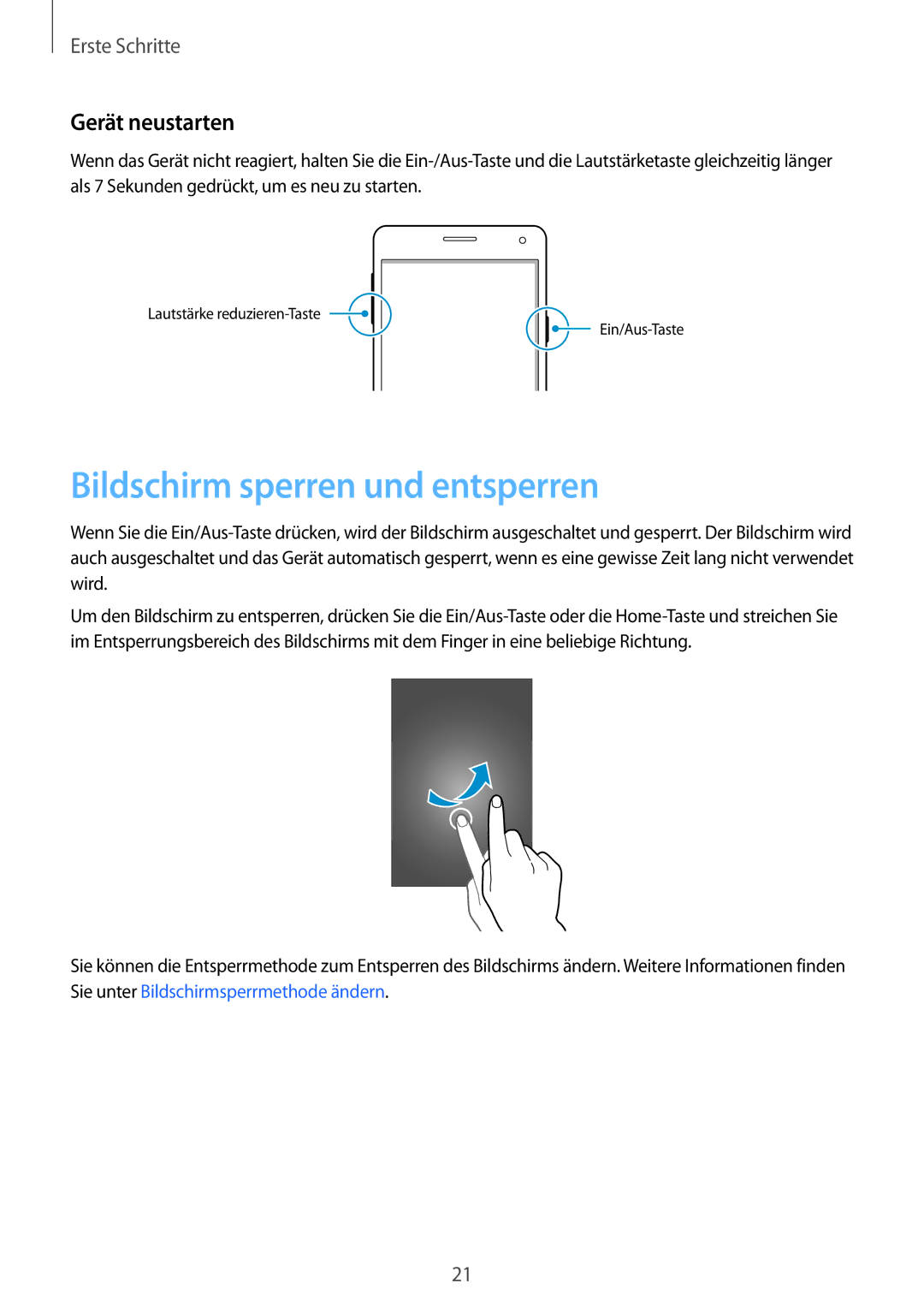 Samsung SM-A500FZKUVD2, SM-A700FZKADBT, SM-A700FZKACYO, SM-A500FZWUPRT Bildschirm sperren und entsperren, Gerät neustarten 