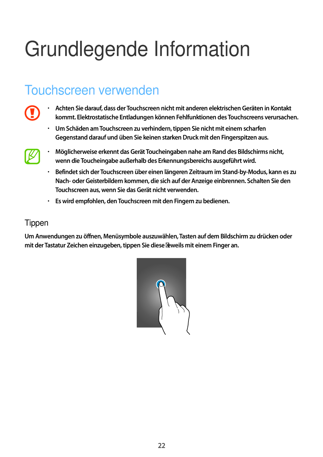 Samsung SM-A500FZKUPRT, SM-A700FZKADBT, SM-A700FZKACYO manual Grundlegende Information, Touchscreen verwenden, Tippen 