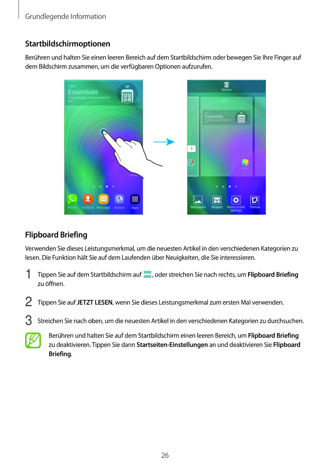 Samsung SM2A500FZKUVIA, SM-A700FZKADBT, SM-A700FZKACYO, SM-A500FZWUPRT manual Startbildschirmoptionen, Flipboard Briefing 