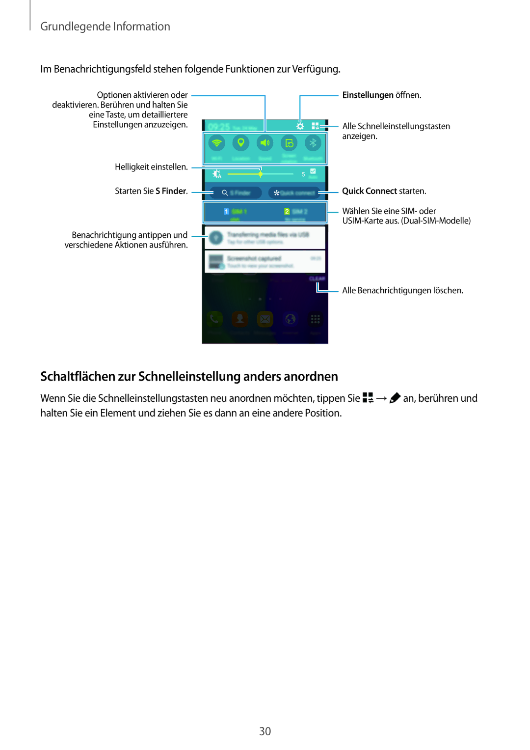 Samsung SM-A500FZWUCOS, SM-A700FZKADBT, SM-A700FZKACYO, SM-A500FZWUPRT Schaltflächen zur Schnelleinstellung anders anordnen 