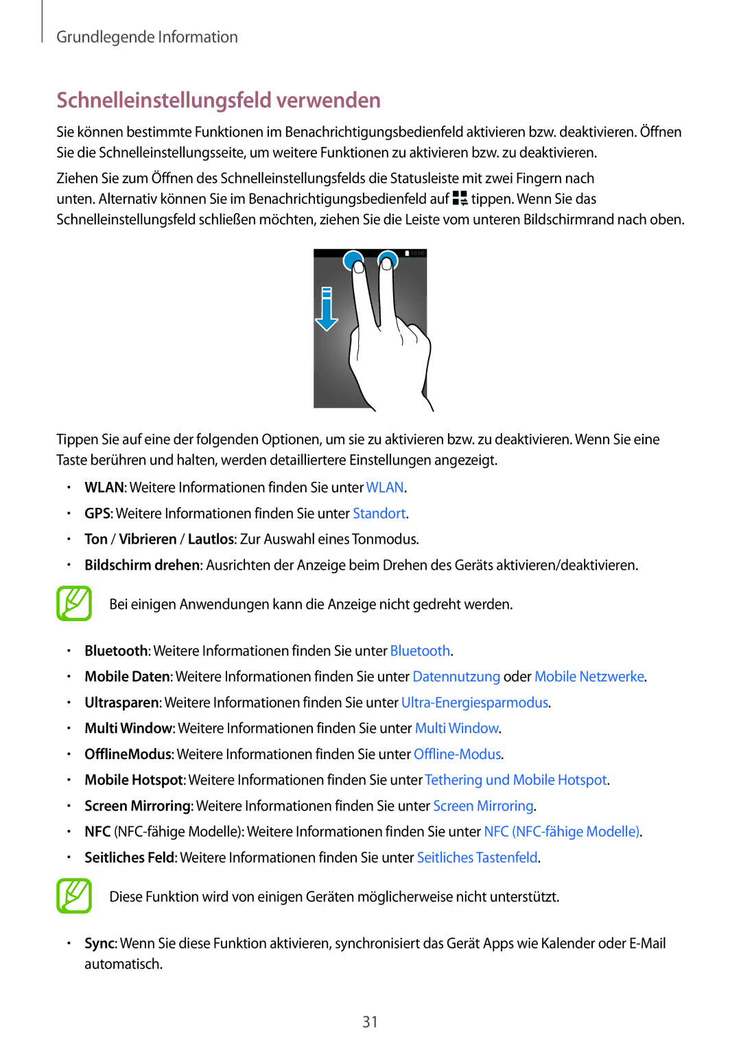 Samsung SM-A500FZSUBGL, SM-A700FZKADBT, SM-A700FZKACYO, SM-A500FZWUPRT, SM-A500FZWUDDE manual Schnelleinstellungsfeld verwenden 