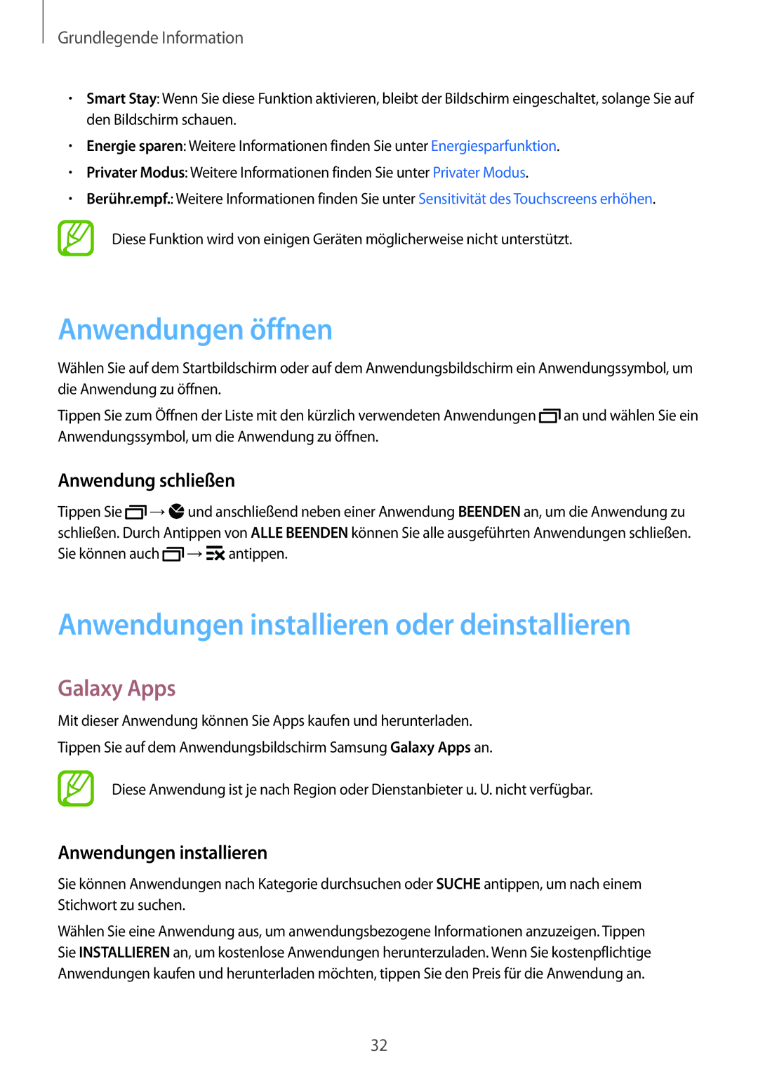 Samsung SM-A500FZKUIDE Anwendungen öffnen, Anwendungen installieren oder deinstallieren, Galaxy Apps, Anwendung schließen 