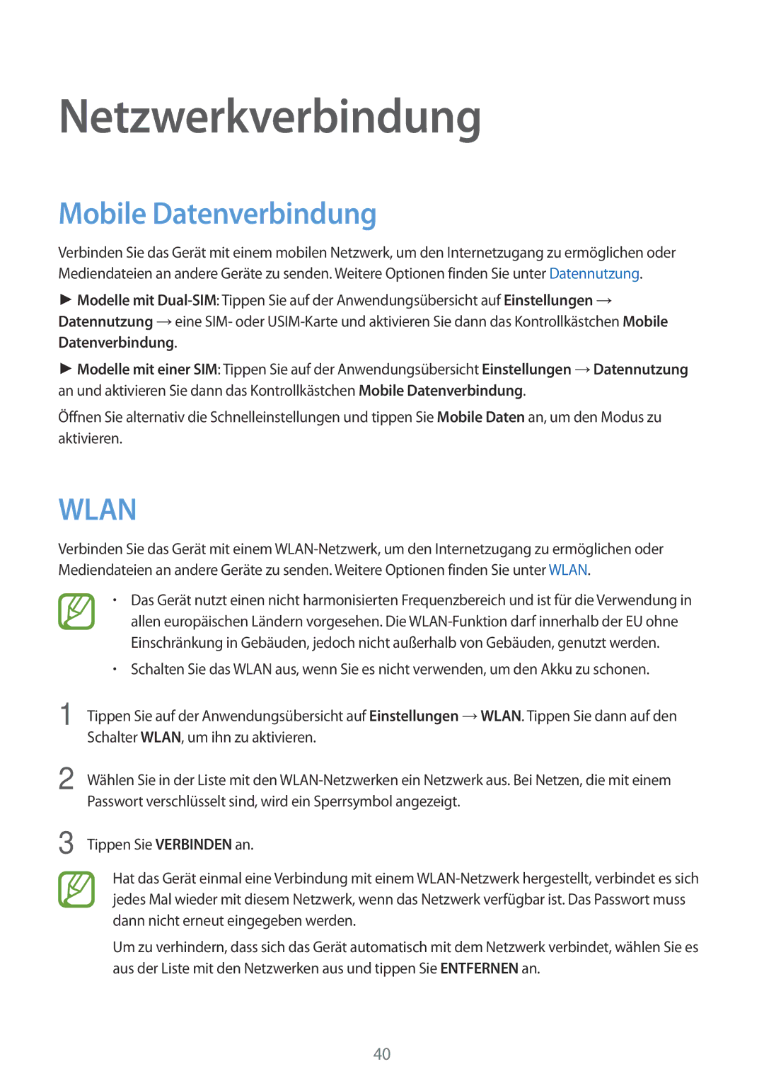 Samsung SM-A700FZKATPH, SM-A700FZKADBT, SM-A700FZKACYO, SM-A500FZWUPRT manual Netzwerkverbindung, Mobile Datenverbindung 