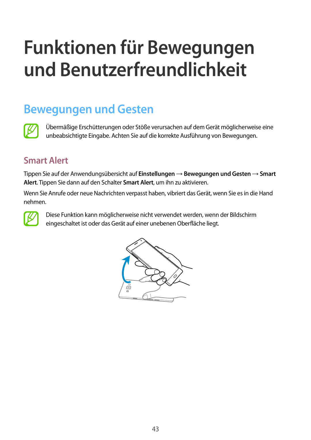 Samsung SM-A500FZSUXEO, SM-A700FZKADBT, SM-A700FZKACYO, SM-A500FZWUPRT, SM-A500FZWUDDE Bewegungen und Gesten, Smart Alert 