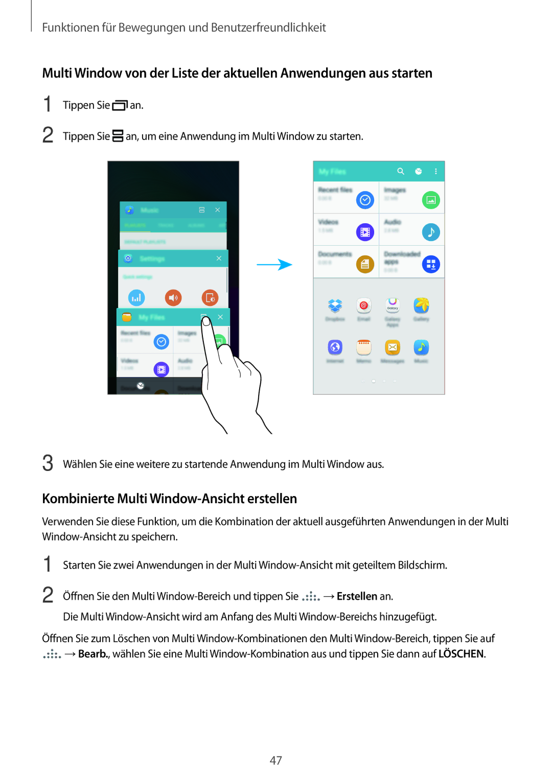 Samsung SM-A500FZKUOPT, SM-A700FZKADBT, SM-A700FZKACYO, SM-A500FZWUPRT manual Kombinierte Multi Window-Ansicht erstellen 