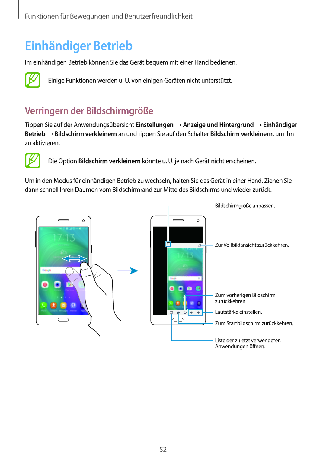 Samsung SM-A500FZWUVD2, SM-A700FZKADBT, SM-A700FZKACYO, SM-A500FZWUPRT Einhändiger Betrieb, Verringern der Bildschirmgröße 