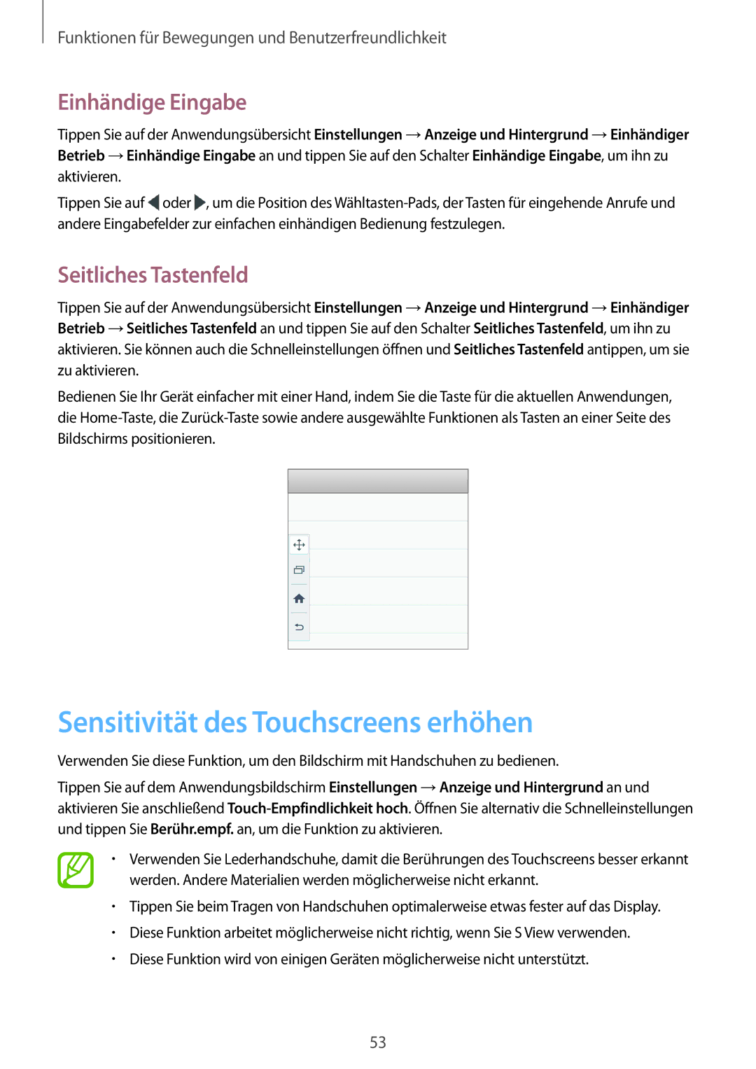 Samsung SM-A500FZWUDBT, SM-A700FZKADBT Sensitivität des Touchscreens erhöhen, Einhändige Eingabe, Seitliches Tastenfeld 