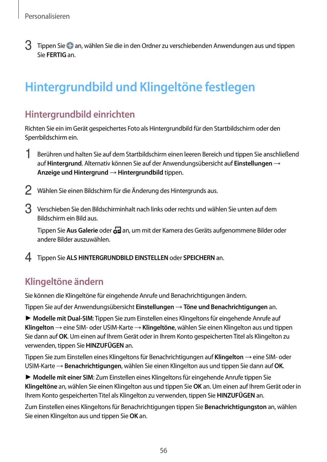 Samsung SM-A500FZKUEUR manual Hintergrundbild und Klingeltöne festlegen, Hintergrundbild einrichten, Klingeltöne ändern 