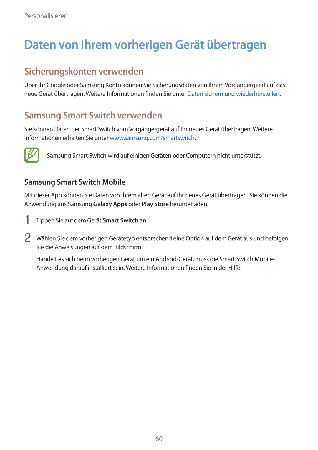 Samsung SM-A500FZWUVGR, SM-A700FZKADBT manual Daten von Ihrem vorherigen Gerät übertragen, Sicherungskonten verwenden 