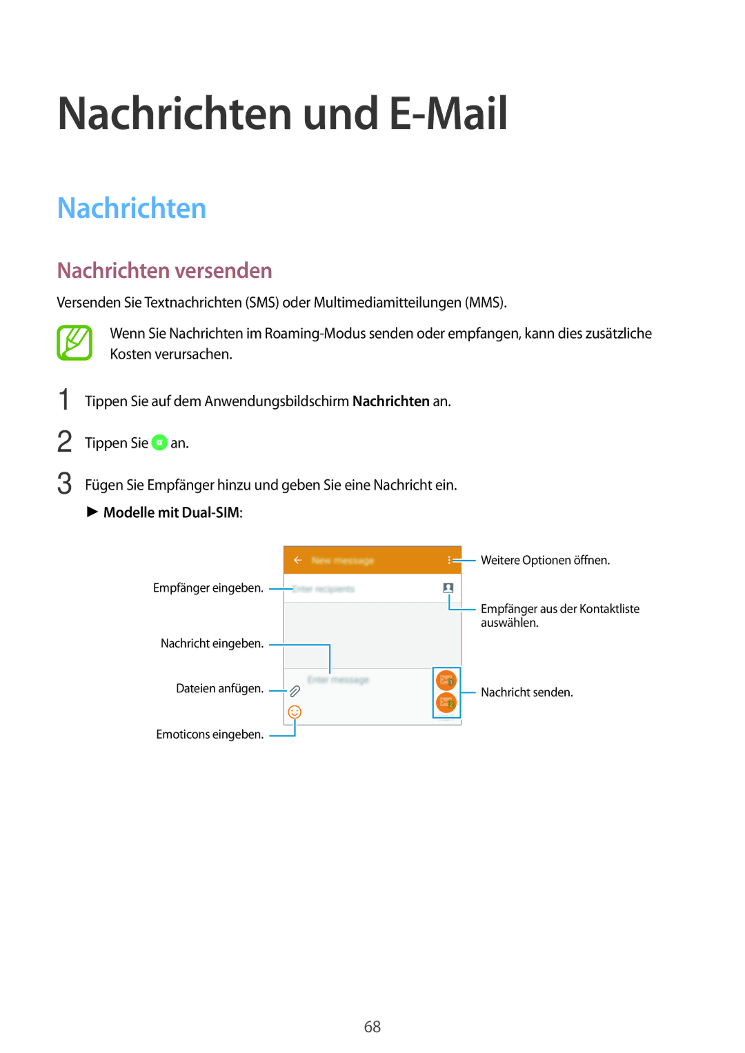 Samsung SM-A500FZKUSFR, SM-A700FZKADBT, SM-A700FZKACYO Nachrichten und E-Mail, Nachrichten versenden, Modelle mit Dual-SIM 