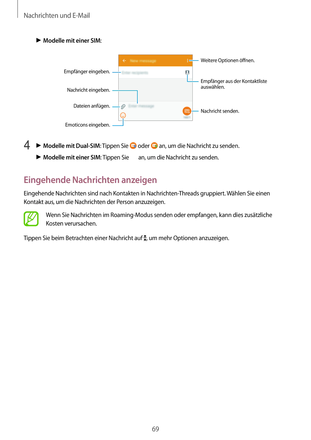 Samsung SM-A500FZKUBOG, SM-A700FZKADBT, SM-A700FZKACYO manual Eingehende Nachrichten anzeigen, Nachrichten und E-Mail 