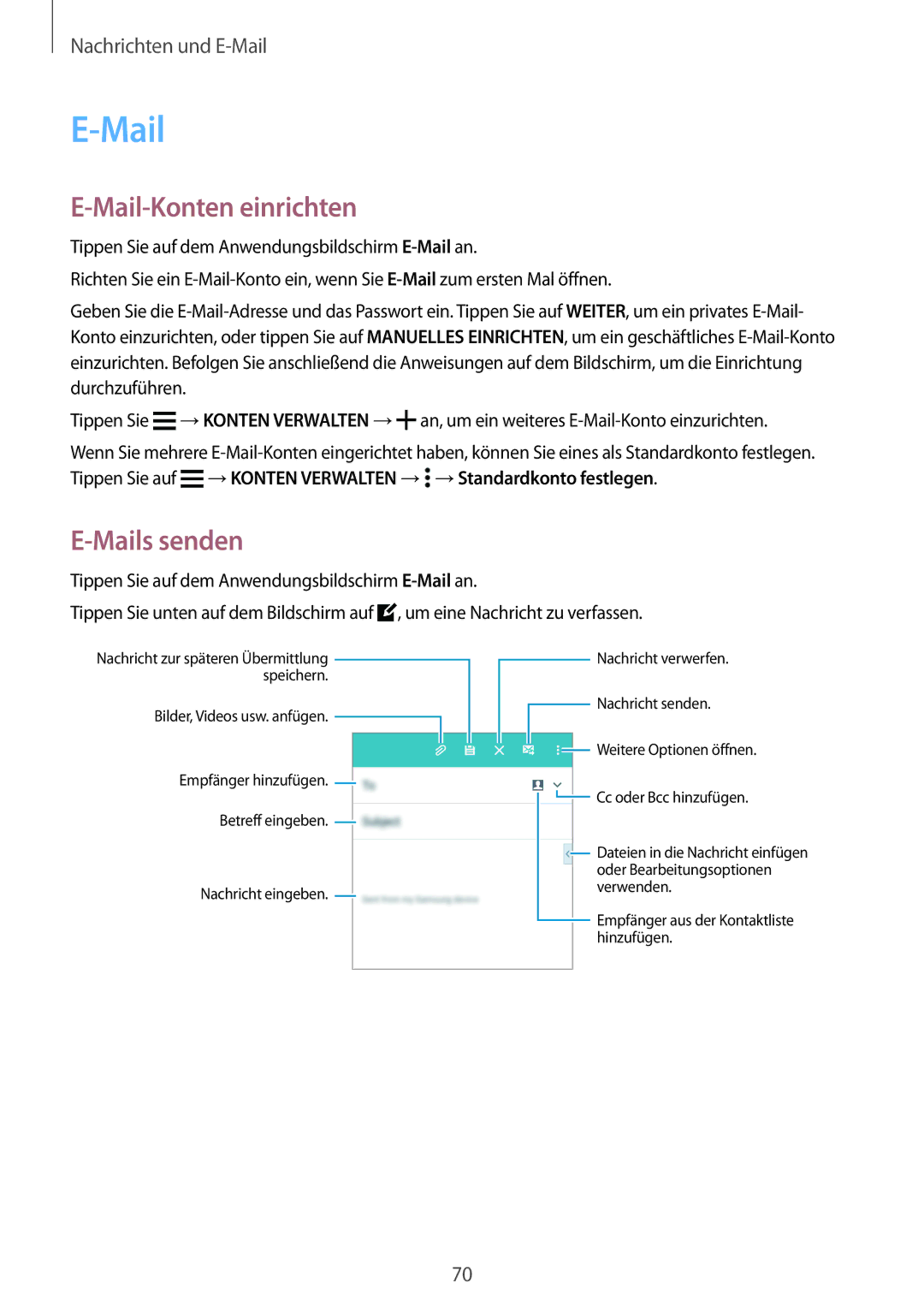 Samsung SM-A700FZKAXEF, SM-A700FZKADBT, SM-A700FZKACYO, SM-A500FZWUPRT manual Mail-Konten einrichten, Mails senden 