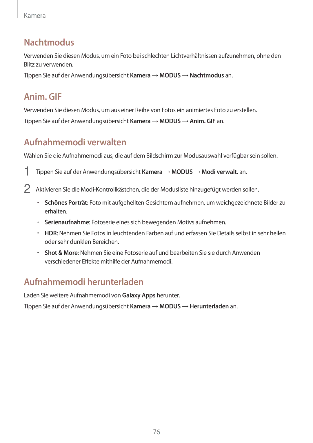 Samsung SM-A700FZKADBT, SM-A700FZKACYO manual Nachtmodus, Anim. GIF, Aufnahmemodi verwalten, Aufnahmemodi herunterladen 