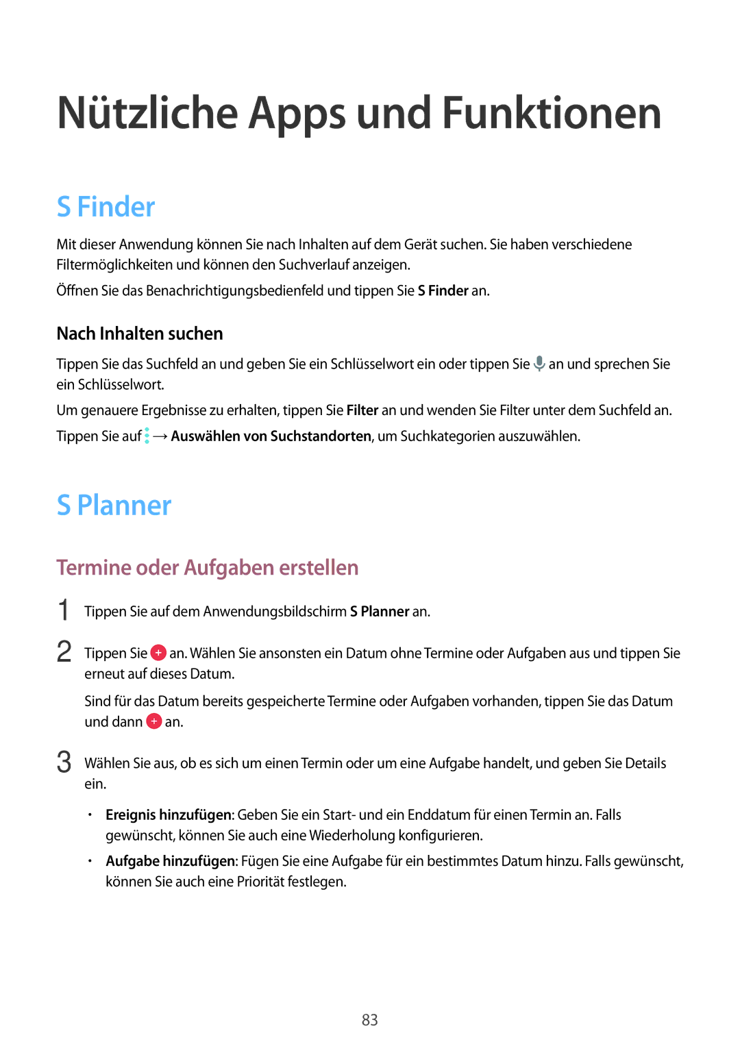 Samsung SM-A500FZKUCOS, SM-A700FZKADBT manual Finder, Planner, Termine oder Aufgaben erstellen, Nach Inhalten suchen 