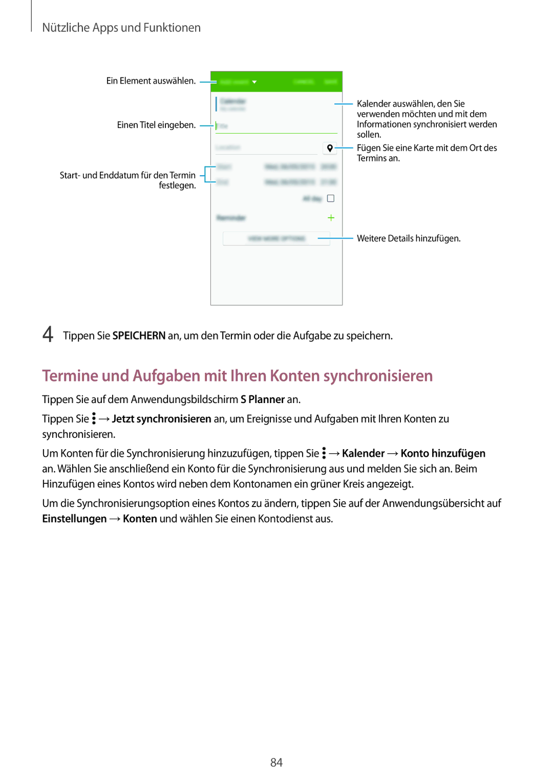 Samsung SM2A500FZDUVIA manual Termine und Aufgaben mit Ihren Konten synchronisieren, Nützliche Apps und Funktionen 