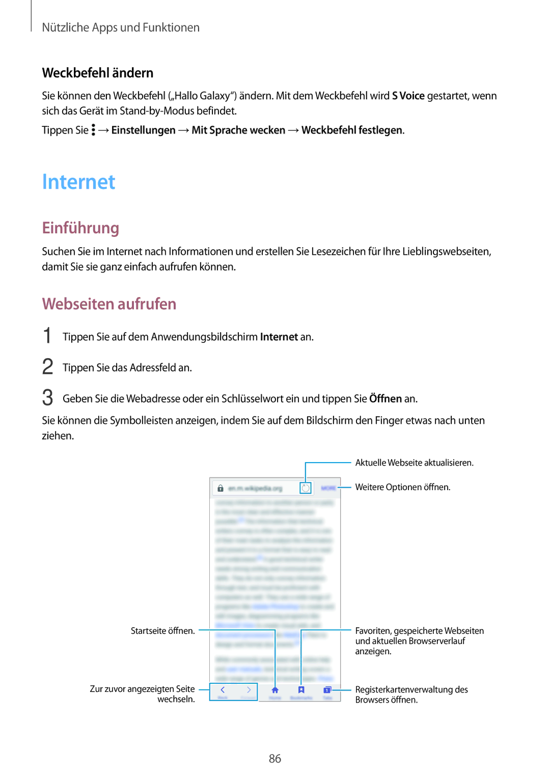 Samsung SM-A500FZKUCYV, SM-A700FZKADBT, SM-A700FZKACYO manual Internet, Einführung, Webseiten aufrufen, Weckbefehl ändern 