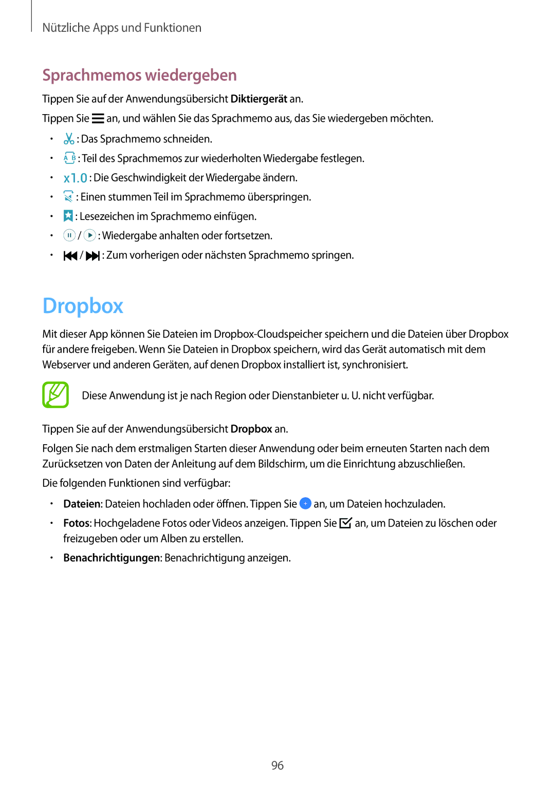 Samsung SM-A500FZKUVIA, SM-A700FZKADBT, SM-A700FZKACYO, SM-A500FZWUPRT, SM-A500FZWUDDE manual Dropbox, Sprachmemos wiedergeben 